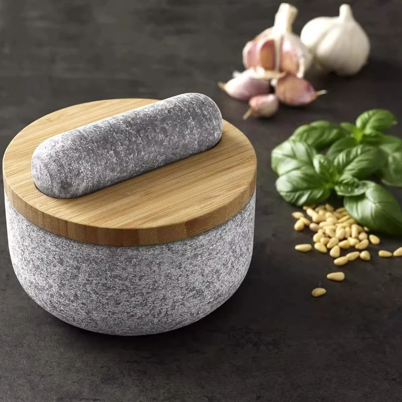Mortar Pestle Granite - Bambusowa osłonka na granitowy tłuczek, kamienne